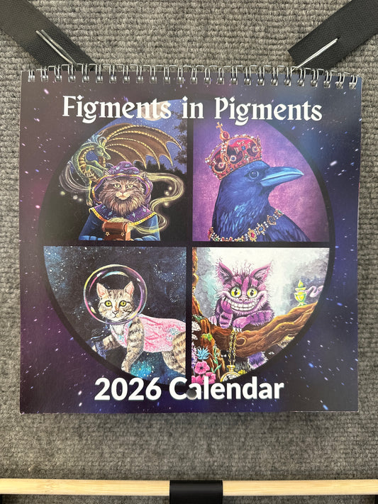 2026 calendar with four images created by Figments in Pigments on the cover, three cats and one crow. 